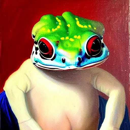 Image similar to a head and shoulders portrait painting of an anthropomorphic!!!!!!!!!! amazon milk frog!!!!!!!!!! wearing a colonial!!!!!!!!!! outfit without a hat looking off camera, a character portrait, romanticism, oil on canvas, visible brushstrokes, intense colors