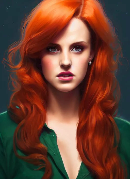 Image similar to full body portrait of teenage cheryl blossom, bangs, green eyes, mischievous expression, red hair, sultry smirk, bangs and wavy hair, intricate, elegant, glowing lights, highly detailed, digital painting, artstation, concept art, smooth, sharp focus, illustration, art by wlop, mars ravelo and greg rutkowski