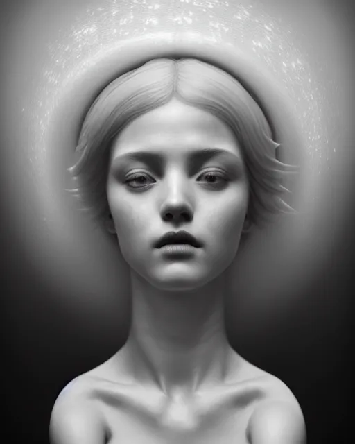 Prompt: dreamy, monochrome, subsurface scattering, white, young beautiful goddess in cosmos, octane render, dino valls, mark ryden, joe fenton, michal karcz, highly detailed, rim light, art, cinematic lighting, very coherent, hyper realism, 8 k