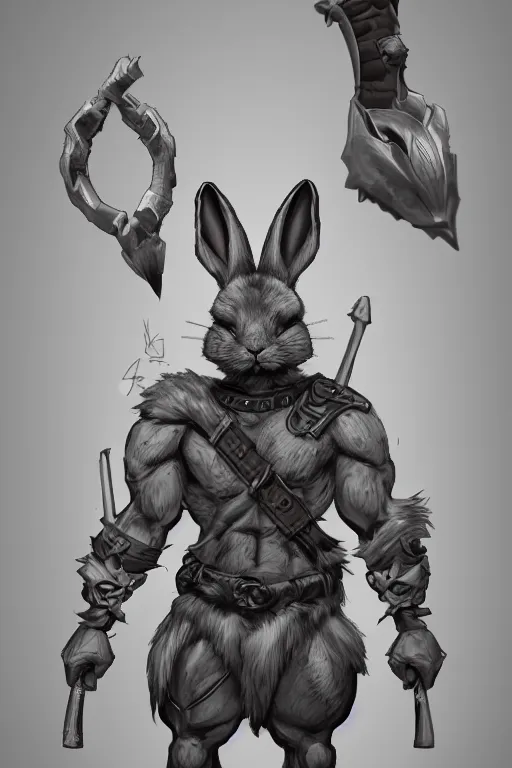 Image similar to anthropomorphic muscled rabbit warrior, Artstation