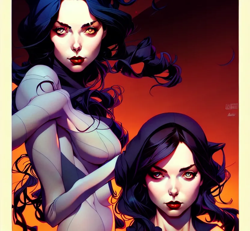 Image similar to artgerm, joshua middleton comic cover art, full body pretty kacey rohl vampire, symmetrical eyes, symmetrical face, long curly black hair, dark castle background background, cinematic lighting