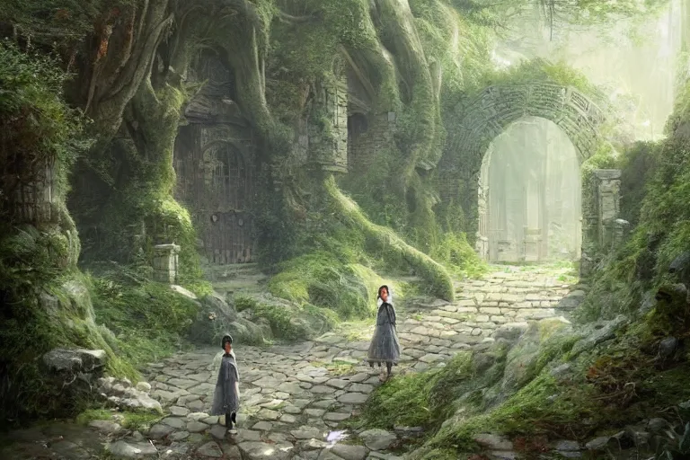 Prompt: a beautiful picture of under the mossy city gate great roots spread over the stone floor, a girl in hanfu, by greg rutkowski and thomas kinkade, trending on artstation