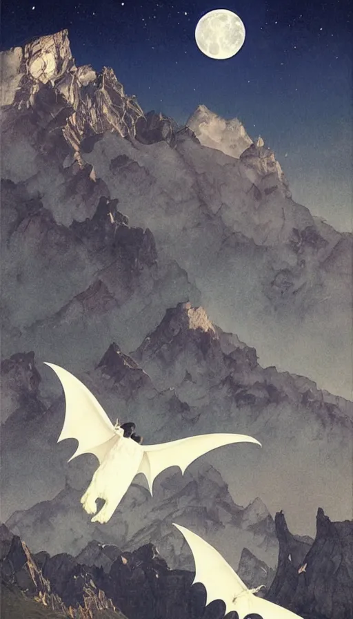 Image similar to a white bat, flying against a black night sky, mountain in the background, moonlight, denoised, very detailed, painted by james gurney, norman rockwell, tom bagshaw