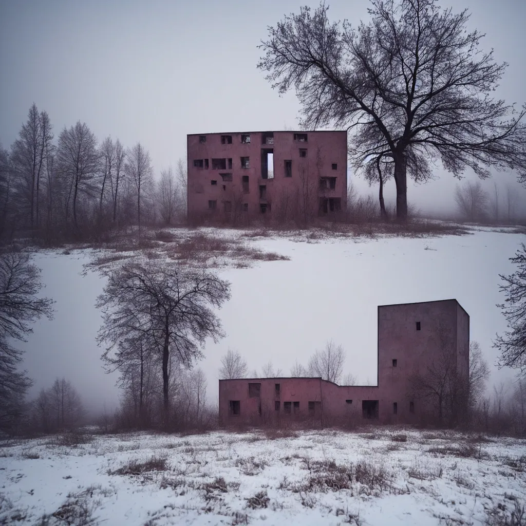 Image similar to landscape with brutalistic soviet architecture style abandoned lifeless house, near foggy forest, dark winter evening, snowing, strong, blizzard, atmospheric, mystical, very detailed 4 k, professional photography