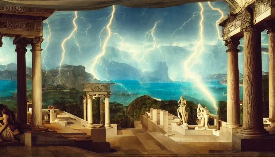 Image similar to Inside the giant Palace, mediterranean balustrade and columns line, refracted sparkles, thunderstorm, greek pool, beach and Tropical vegetation on the background major arcana sky and occult symbols, by paul delaroche, hyperrealistic 4k uhd, award-winning, very detailed paradise