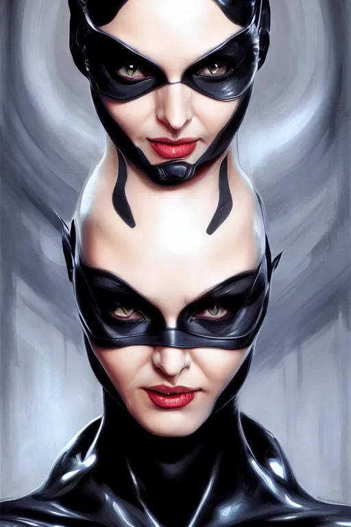 Image similar to catwoman, realistic portrait, symmetrical, highly detailed, digital painting, artstation, concept art, smooth, sharp focus, illustration, cinematic lighting, art by artgerm and greg rutkowski and alphonse mucha