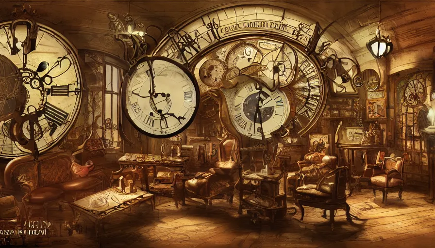 Image similar to a circular common room full of antique clocks, high detail, concept art, illustration, steampunk, fantasy, mechanical, 4 k, trending on artstation