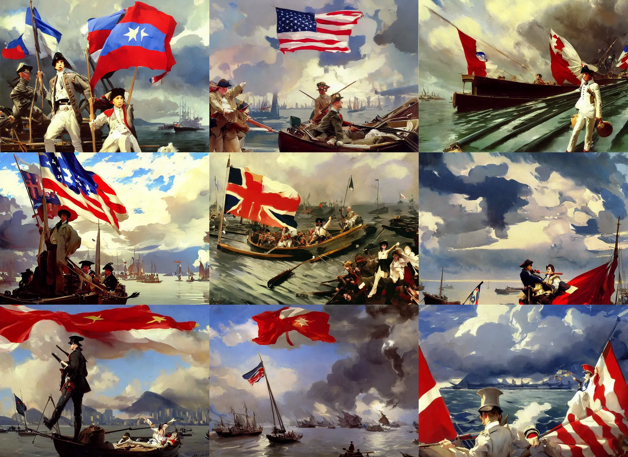 Prompt: painting by sargent and leyendecker and greg hildebrandt savrasov levitan, studio ghibly style mononoke, low thunder clouds hong kong victoria harbour, us independence war, french revolution, british flag