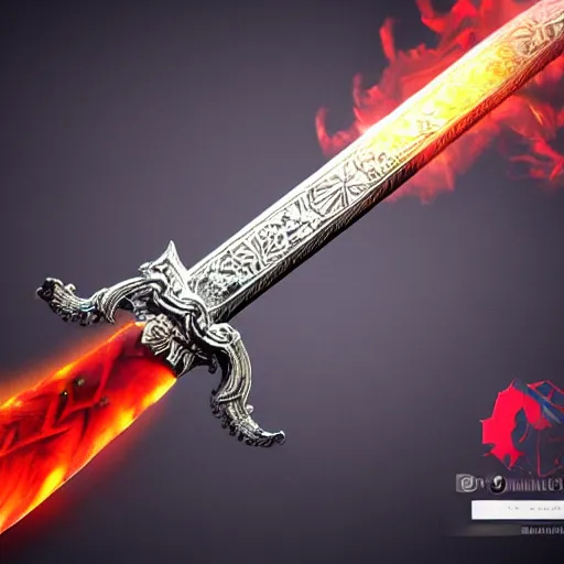 Image similar to magical sword with flames running up and down the blade, digital art, high quality, intricate design, 3d render, art station top 10,