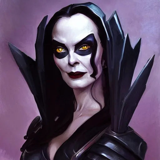 Prompt: greg manchess portrait painting of armored morticia from addams family as overwatch character, medium shot, asymmetrical, profile picture, organic painting, sunny day, matte painting, bold shapes, hard edges, street art, trending on artstation, by huang guangjian and gil elvgren and greg rutkowski