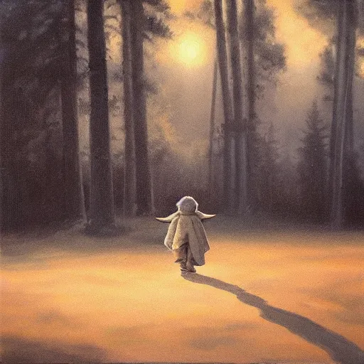 Image similar to high - angle view, shot from 5 0 feet distance, baby yoda strolls on a well lit path in a dimly lit forest. dramatic clouds, setting sun. oil on canvas painting, light, shadow, contrast, detailed, depth, volume, chiaroscuro, drama, quiet intensity, serene.