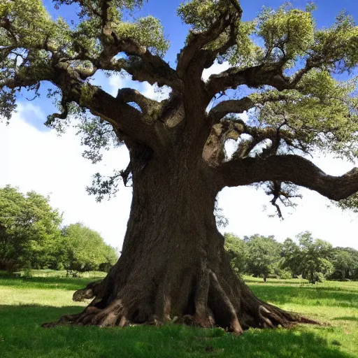 Image similar to oak tree as big as a building with people among the roots