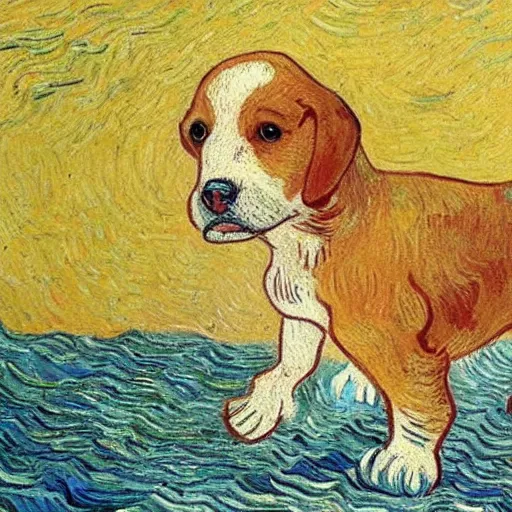 Prompt: a painting of a puppy walking on the mediterranean sea shouting help by van gogh