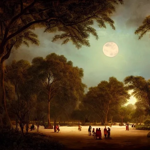 Prompt: matte painting of a park in yucatan mexico at night with a full moon, large ceiba trees, by asher brown durand and greg rutkowski, featured on artstation, blue and orange color scheme