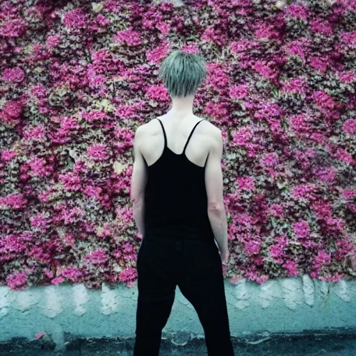 Prompt: kodak portra 4 0 0 photograph of a skinny blonde goth guy standing in front of floral wall, back view, moody lighting, telephoto, 9 0 s vibe, blurry background, vaporwave colors, faded!,