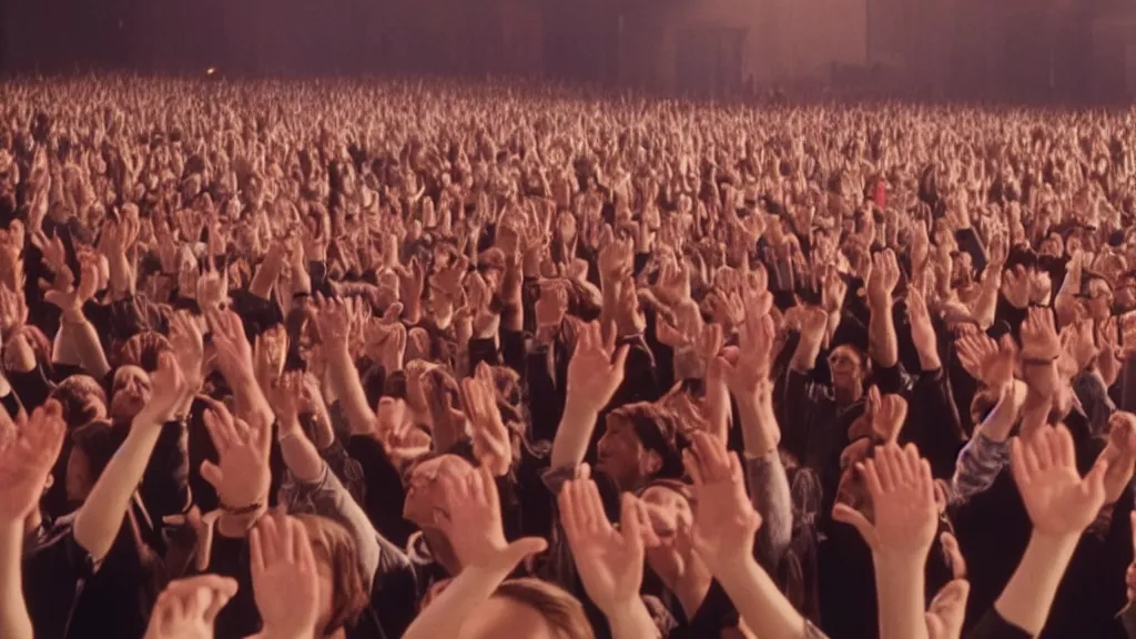 Prompt: movie still of a crowd waving hands saying good morning, cinematic composition, cinematic light, by edgar wright and david lynch