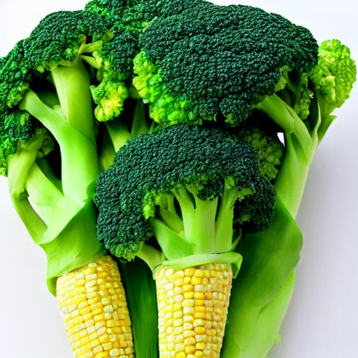 Prompt: broccoli corn chimera, a genetically engineered vegetable that is both corn and broccoli at the same time