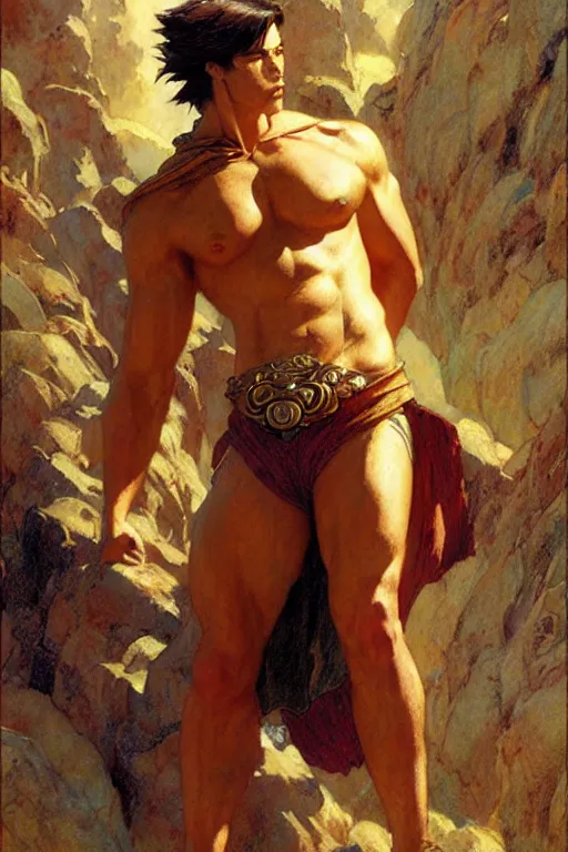 Prompt: tales of earthsea, attractive muscular male character design, painting by gaston bussiere, craig mullins, j. c. leyendecker, tom of finland