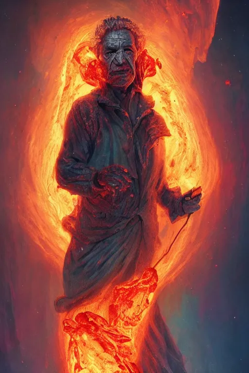 Image similar to the look of an elderly person, necromancer, witch - doctor covered with lava exploding into fire crystals, full of wrinkles and imperfections by artgem and greg rutkowski, highly detailed, high contrast, light reflection, trippy, nebula, trending on artstation