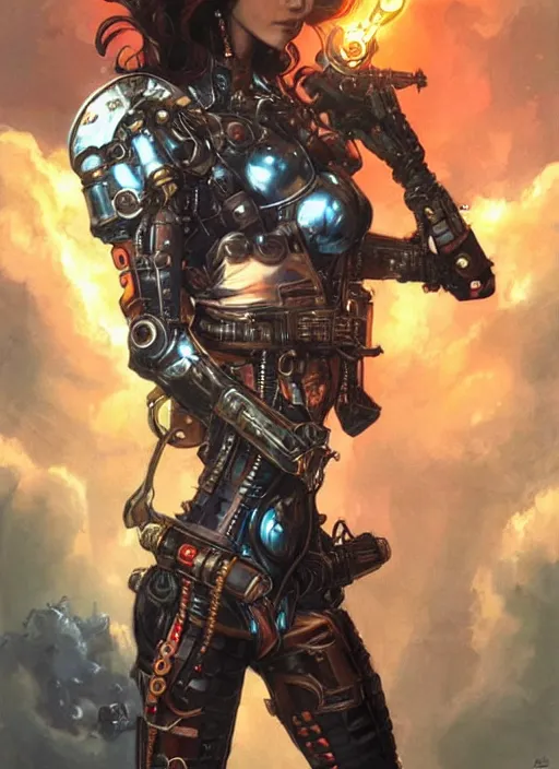 Prompt: front portrait of attractive Lady Mechanika standing while holding futuristic guns that wrap their arms, Intrincate steampunk imagery , D&D!, fantasy style, sharp focus!, ultra detailed, art by Artgerm and Peter Andrew Jones, WLUP