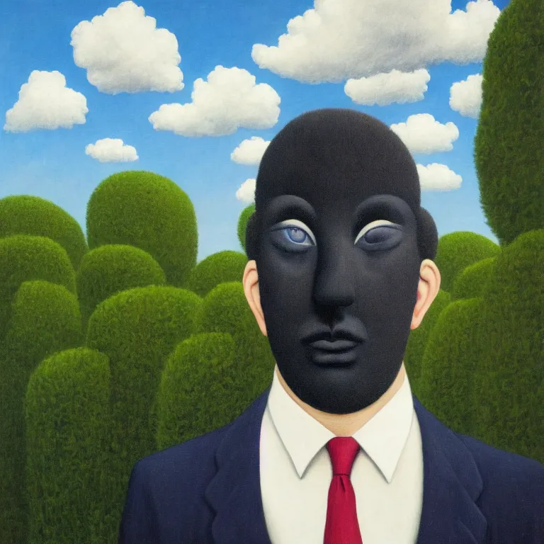 Image similar to portrait of a faceless beautiful flower - head man in a suit, clouds in the background, by rene magritte, detailed painting, distance, middle centered, hd, hq, high resolution, high detail, 4 k, 8 k