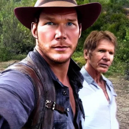 Image similar to chris pratt as indiana jones, selfie with older harrison ford, instagram, high detailed, symmetrical