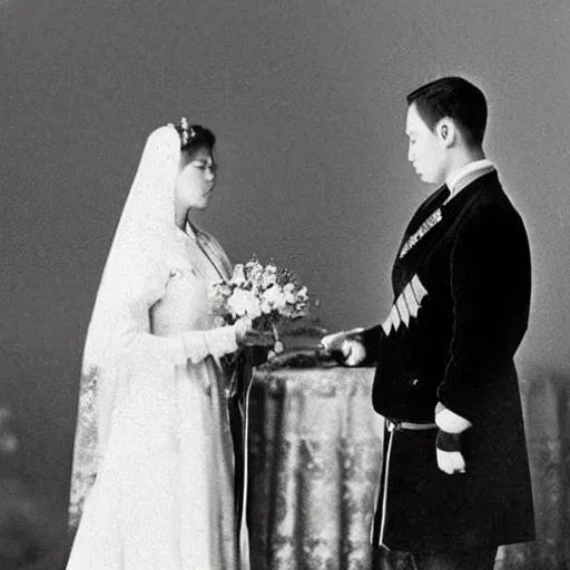 Prompt: a wide full shot, colored russian and japanese mix historical fantasy of a photograph portrait taken of the royal wedding officiant addresses the couple, photographic portrait, warm lighting, 1 9 0 7 photo from the official wedding photographer for the royal wedding.