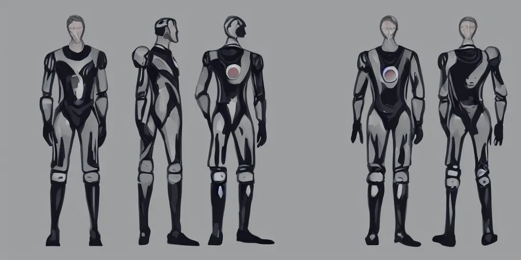 Image similar to male, space suit, character sheet, concept art, stylized, large shoulders, long thin legs, exaggerated proportions, concept design