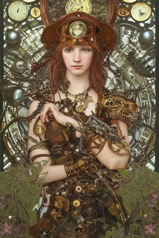 Prompt: beautiful moody portrait of a sexy steampunk warrior schoolgirl wearing a detailed armour of jewels and gold bugs and giant fantasy beetles behind giant mushrooms and vegetation in a forest , huge mechanical clocks, intricate details, realistic shaded , steampunk, highly detailed, artstation, pretty pretty face, illustration by alphonse mucha and Greg Rutkowski and Ruan Jia and bouguereau, octane render, dynamic light, volumetric light, neon lights, cinematic mood