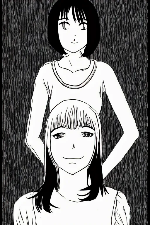 Image similar to portrait of a girl in long pants and a top, hands in pockets, eyes closed, bob haircut, digital art, black and white, lineart by junji ito and kaoru mori