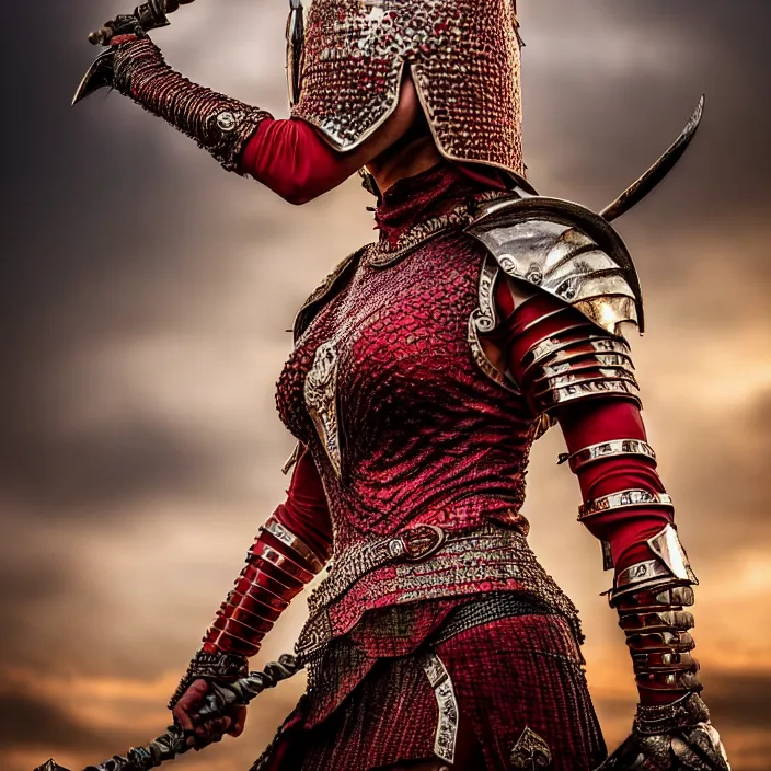 Prompt: full length photo of a beautiful strong warrior queen wearing ruby encrusted armour, highly detailed, 4 k, hdr, smooth, sharp focus, high resolution, award - winning photo