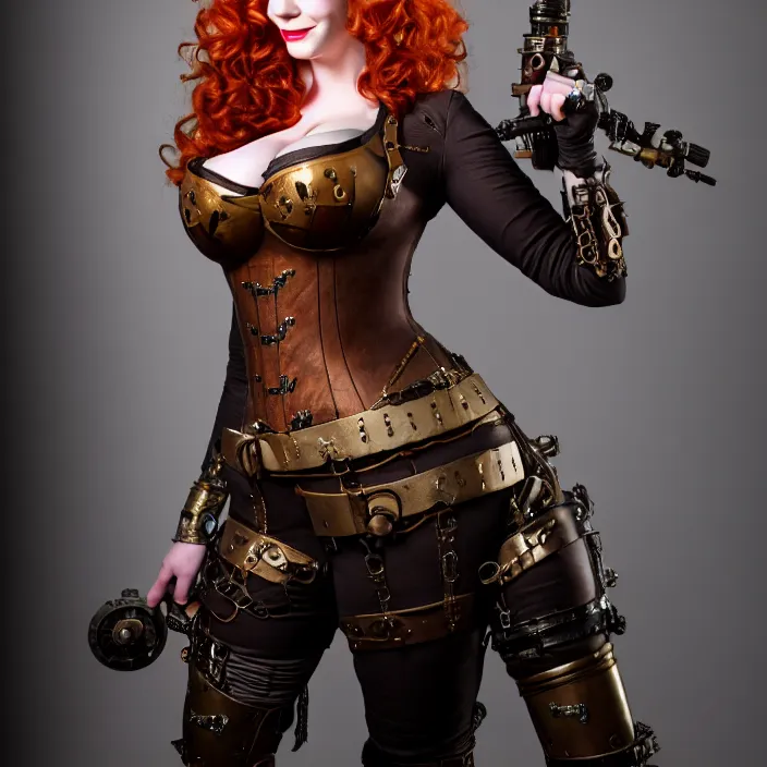 Image similar to full length photograph of a real-life christina hendricks as a steampunk warrior, Extremely detailed. 8k