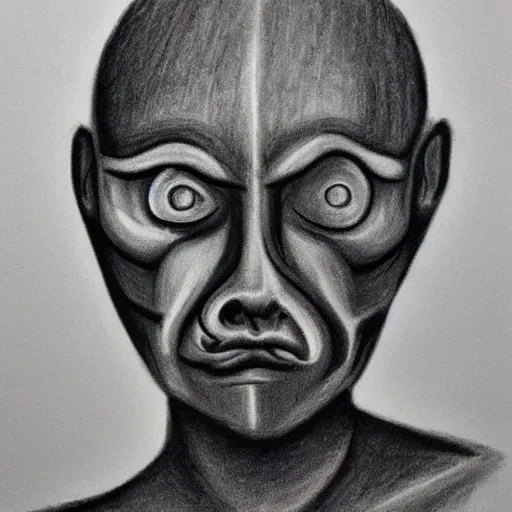 Prompt: charcoal drawing of a man with a strange face. precisionism, charcoal drawing, surrealist, genderless