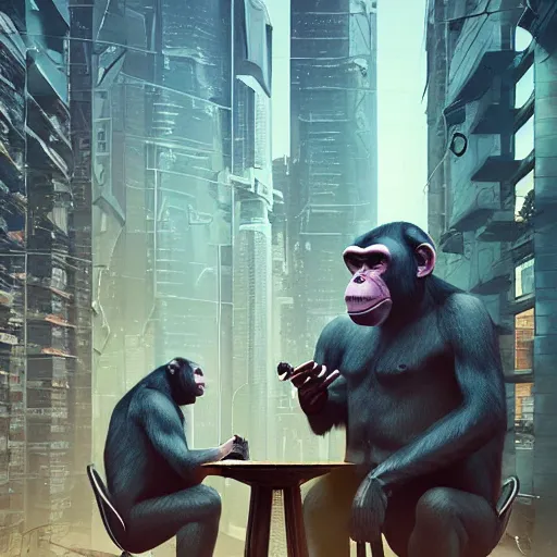 Prompt: the cyberpunk chimpanzee council by beeple