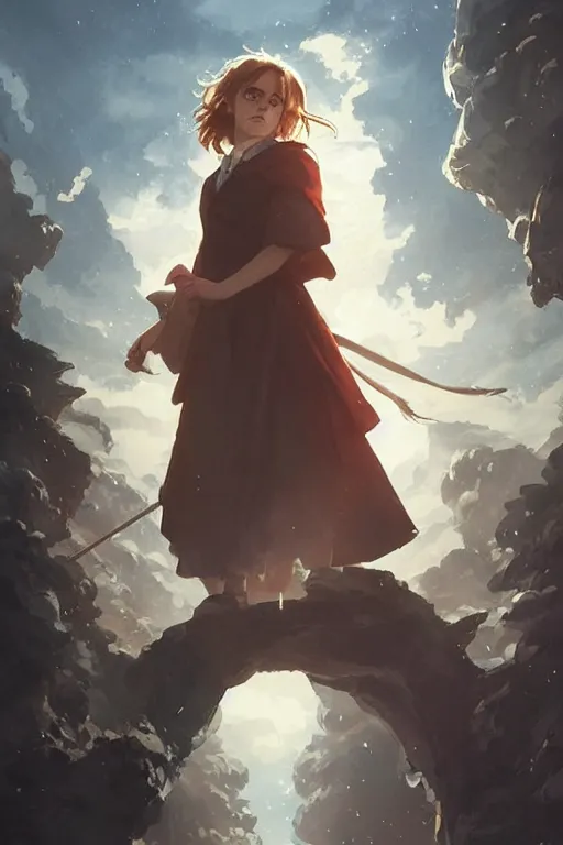 Image similar to Poster artwork, Emma Watson as Hermione Granger, wearing hogwarts robes, magnificent, medium close up, details, sharp focus, elegant, highly detailed, illustration, by Jordan Grimmer and greg rutkowski and PiNe(パイネ) and 薯子Imoko and 香川悠作 and wlop!!!! and maya takamura, intricate, beautiful, sunset!!!, Trending artstation, pixiv, digital Art