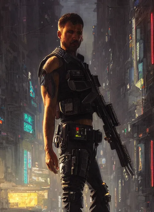 Prompt: 🧗. cyberpunk police trooper in a military vest ( blade runner 2 0 4 9, cyberpunk 2 0 7 7 ). orientalist portrait by john william waterhouse and james gurney and theodore ralli and nasreddine dinet, oil on canvas. cinematic, hyper realism, realistic proportions, dramatic lighting, high detail 4 k