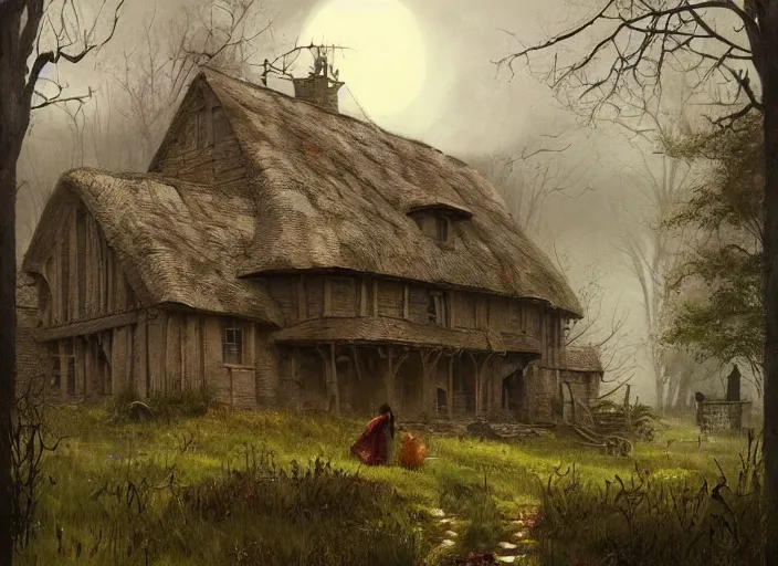 Prompt: the cottage of a Witch, scarecrow, a fantasy digital painting by Greg Rutkowski and James Gurney, trending on Artstation, highly detailed