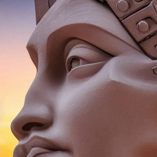 Prompt: the head of a marble cybernetic lady justice statue wearing a virtual reality headset on ground covered in sand, cyberpunk background, highly detailed, epic lighting, hyper photorealism, 8 k