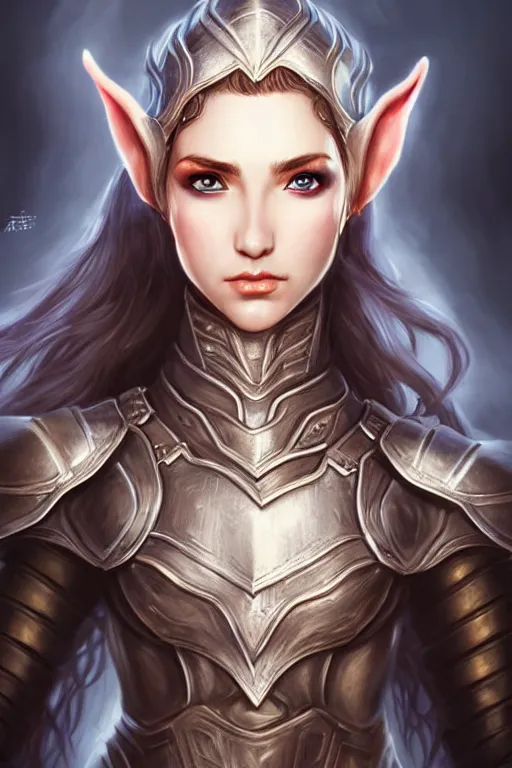 Image similar to head and shoulders portrait of an eldritch knight, elf, beautiful, female, breastplate, magical, high fantasy, d & d, by artgerm, face details, extremely detailed, digital illustration
