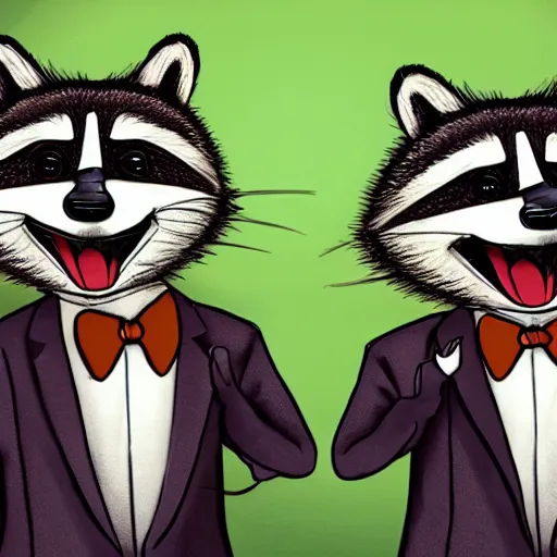 Prompt: two anthropomorphic raccoons arguing over the last chicken drumstick, raccoons wearing suits, fancy dinner, highly detailed, photorealistic