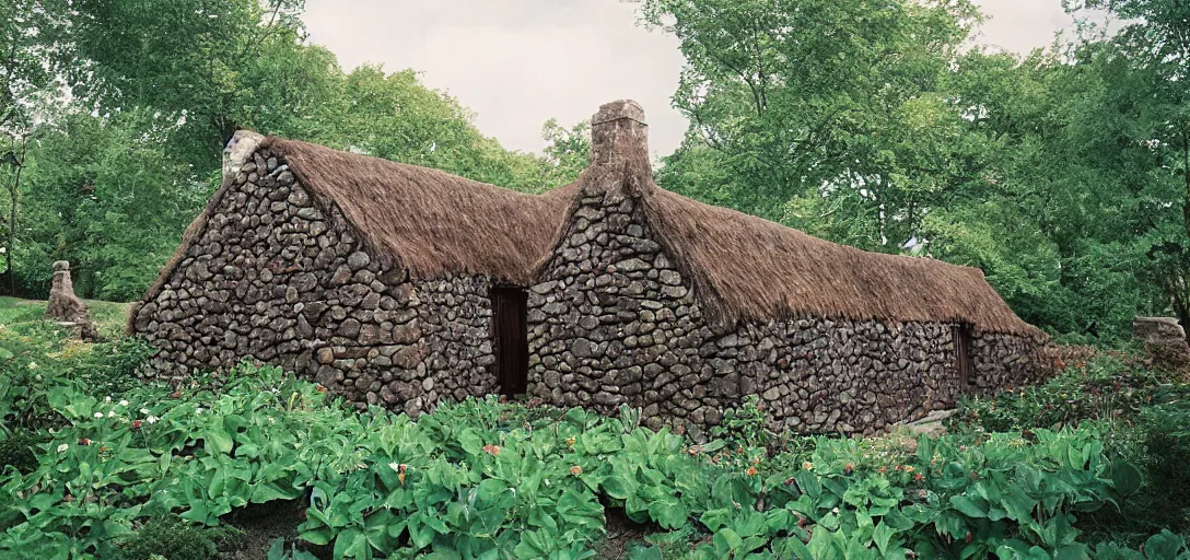 Prompt: scottish blackhouse designed by daniel burnham. outdoor landscaping designed by roberto burle marx. fujinon premista 1 9 - 4 5 mm t 2. 9. portra 8 0 0.