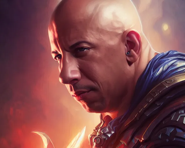 Prompt: photography of vin diesel, deep focus, d & d, fantasy, intricate, elegant, highly detailed, digital painting, artstation, concept art, matte, sharp focus, illustration, hearthstone, art by artgerm and greg rutkowski and alphonse mucha