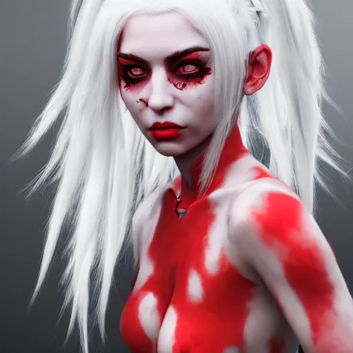 Image similar to a highly detailed portrait of a humanoid demon girl with white hair, red horns, in white clothes, artstation, deviantart, professional, unreal engine 5, photorealistic