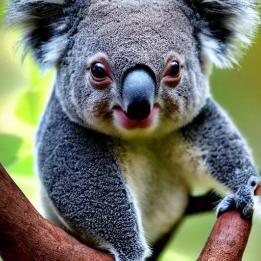 Image similar to award winning nature photograph of a koala. it has a friendly smile. it has whiskers and claws. extreme detail, beard hyperrealistic photo, smooth, trending on artstation