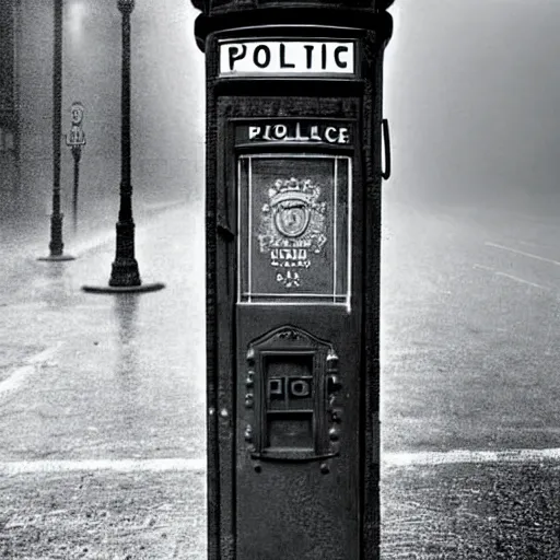 Prompt: A hyperdetailed 1920s era photograph of a Police Public Call Box sat on a street corner, night, dense fog, rain, HD, 8K resolution