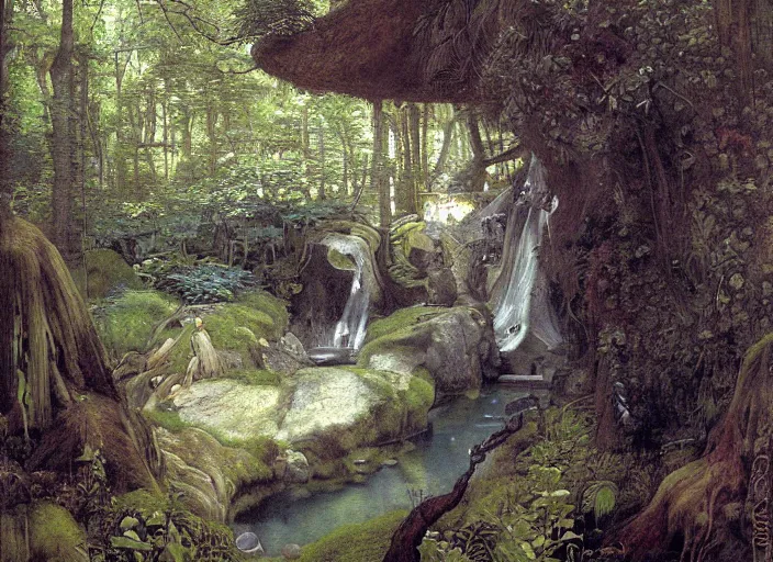 Image similar to enchanged forest. looking down into hole. waterfall to a tranquil pond and with a sandy beach. edgar maxence and caravaggio and michael whelan and delacroix style, artistic, intricate painting, cinematic lighting, hyper realistic, extremely detailed, vivid colors, establishing shot, dramatic lighting. rocky sides ( lush patches of moss and ferns ). rough stone stairway