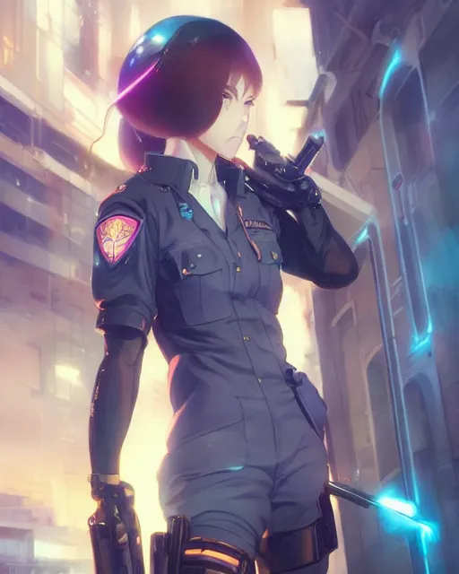 Prompt: anime key visual of a young female police officer, neon, cyberpunk, futuristic, stunning, highly detailed, digital painting, artstation, smooth, soft focus, rule of thirds, illustration, art by artgerm and greg rutkowski and alphonse mucha