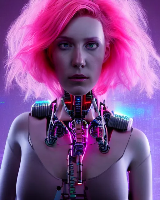 Image similar to portrait of a beautiful australian woman with pink hair as a cyberpunk cyborg half robot, revealing wires and electronics, sci - fi, missing panels, intricate abstract upper body intricate artwork, concept art, octane render, deviantart, cinematic, key art, hyperrealism, iridescent accents, portrait photograph, nikon 3 5 mm, photograph by greg rutkowski