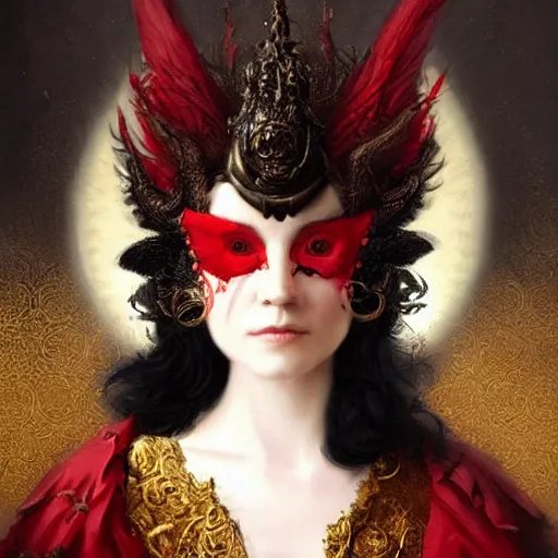 Image similar to portrait of a red sorcerer, sharp focus, black hair, baroque, rococo, highly detailed, intricate, bird mask, white, regal clothing, gold ethereal light, by livia prima