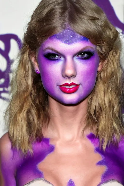 Image similar to purple Taylor Swift with purple face paint, purple body paint, purple dress